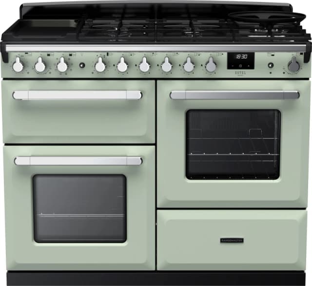 Rangemaster Estel Deluxe ESDLO110DFPMNT/CM1 110cm wide Dual Fuel Range Cooker with Gas Hob - Mint / Chrome - A/A Rated