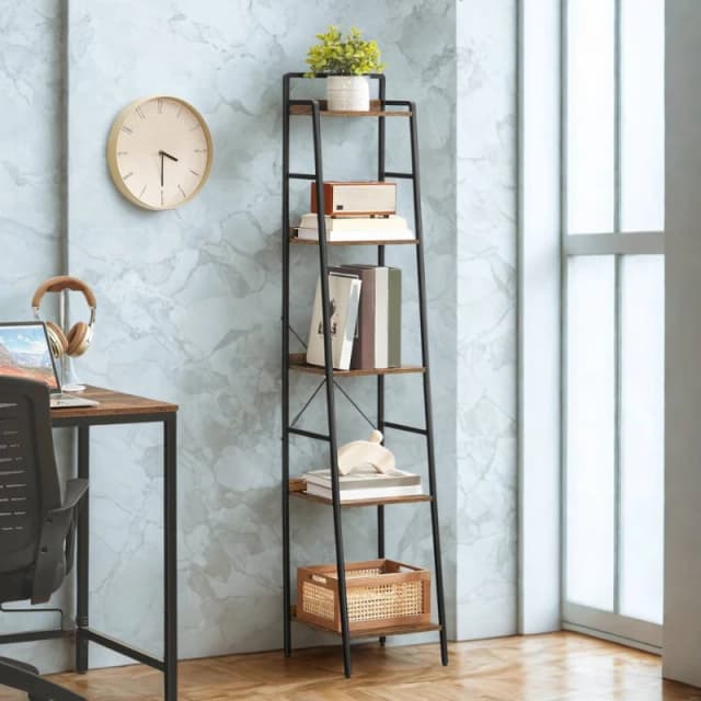 FURNOS 5 Tier Freestanding Bookcase Ladder Shelf Rustic Brown Brown Unisex