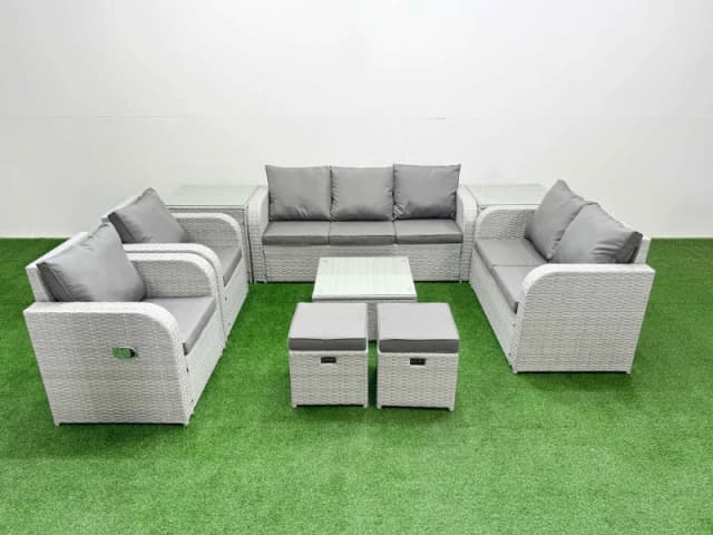 Fimous PE Rattan Garden Furniture Set Adjustable Chair Sofa Double Love Seat 2 Seater Sofa Lounge Set Square Coffee Table 2 Stools 2 Side Table Light