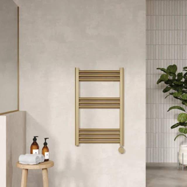 Nuie Electric Round Towel Rail 10 Bar 800 X 500Mm Brushed Brass, Brown MTY859