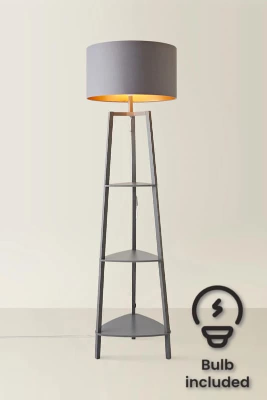 ValueLights ValueLights Hiru Grey 3 Tier Shelf Floor Lamp with Grey and Copper Shade and Bulb Copper One Size Unisex 5059406034565