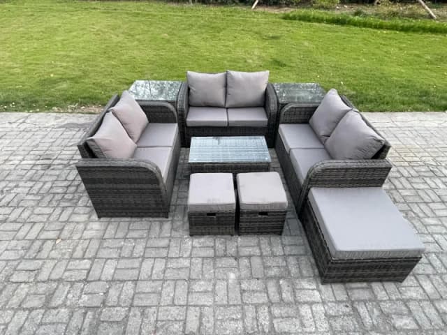Fimous Wicker PE Rattan Garden Furniture Set Outdoor Lounge Sofa Set with Love Sofa Coffee Table 2 Side Tables 3 Footstools Dark Grey
