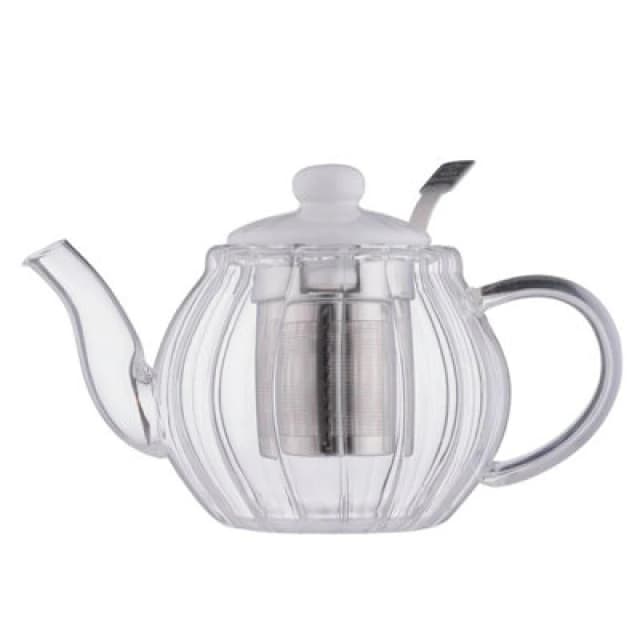 Glass Teapot With White Ceramic Lid Infuser 500Ml Fluted Embossed Clear Elegant