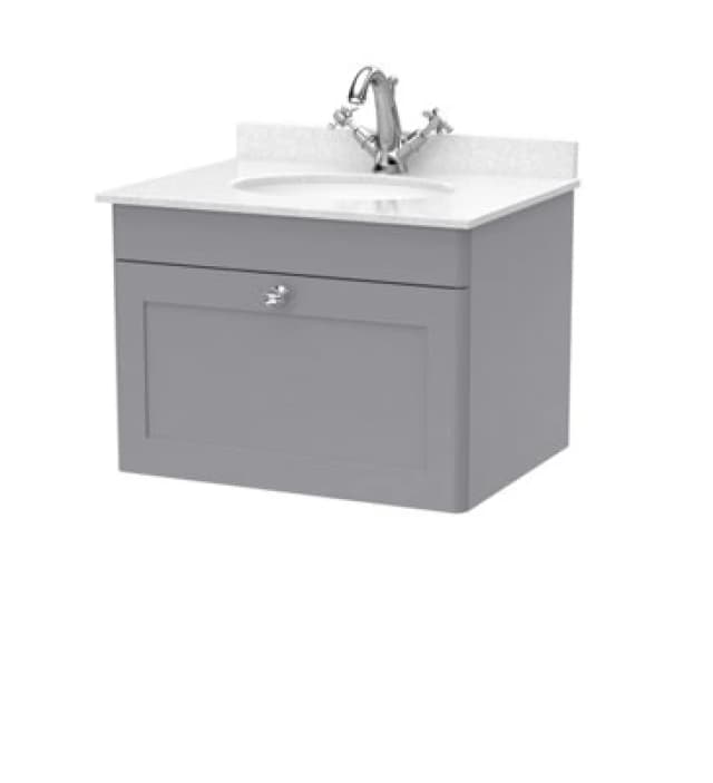 Nuie Classique Wall Hung 1 Drawer Vanity Unit & 1 Tap Hole White Marble Top With Oval Basin, Contemporary Sink Vanity Unit In