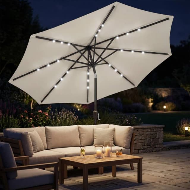 OUTSUNNY 2.6 m Garden Parasol Umbrella with Light, Outdoor Patio Umbrella in Light Grey Size: 260cm x 100cm Light Grey Unisex 260cm x 100 cm
