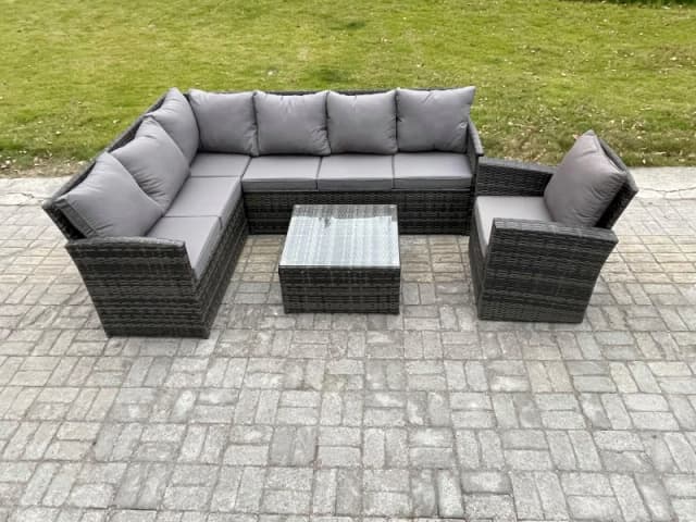 Fimous 7 Seater Outdoor Garden Furniture Set Wicker PE Rattan Corner Sofa Set with Square Coffee Table Armchairs Dark Grey Mixed Dark Grey Unisex