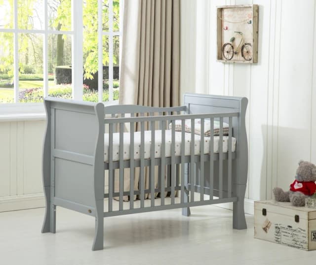 MCC Direct Wooden Curved Sleigh Baby Cot Bed with Mattress Savannah Grey