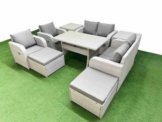 Fimous 8 Seater Outdoor Reclining Chair Love Sofa Set Rattan Garden Furniture Set with Rectangular Dining Table 2 Big FootStools 2 Side Table Light G