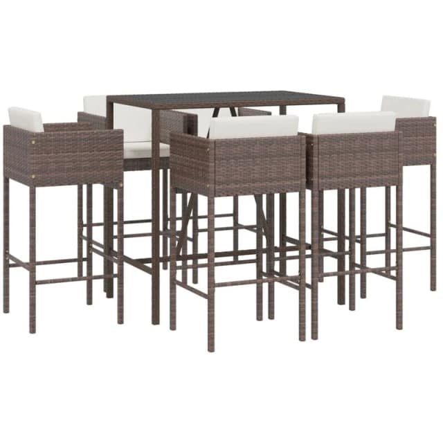 vidaXL 7 Piece Garden Bar Set with Cushions Brown Poly Rattan, Brown 3203926