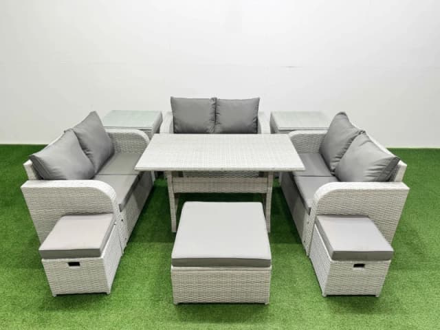 Fimous 9 Seater PE Wicker Rattan Furniture Sofa Sets with Rectangular Dining Table 2 Seater Love Sofa 3 Stool 2 Side Table Light Grey Light Grey