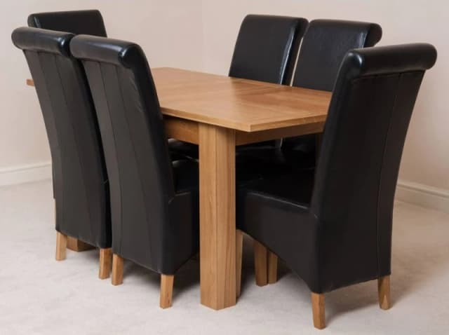 Thats Furniture Hampton 120-160cm Oak Extending Dining Table & 6 Montana Leather Chairs in Black Unisex