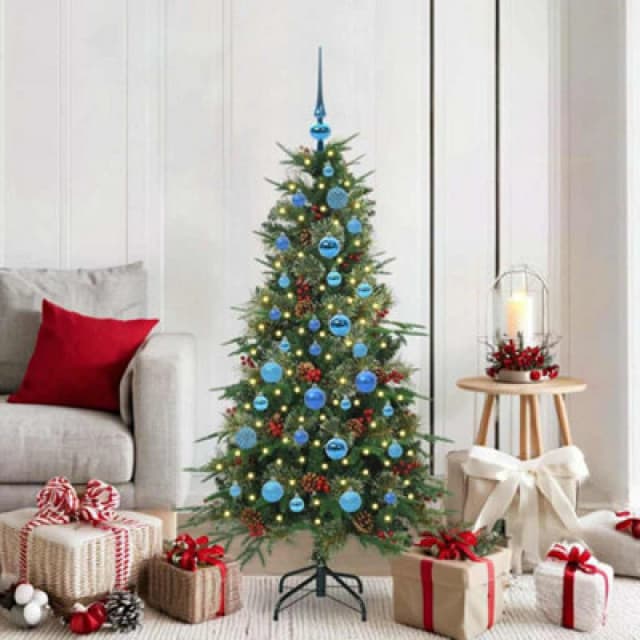 vidaXL Artificial Hinged Christmas Tree with Blue Balls Green 150cm PE and PVC, Green 3397413