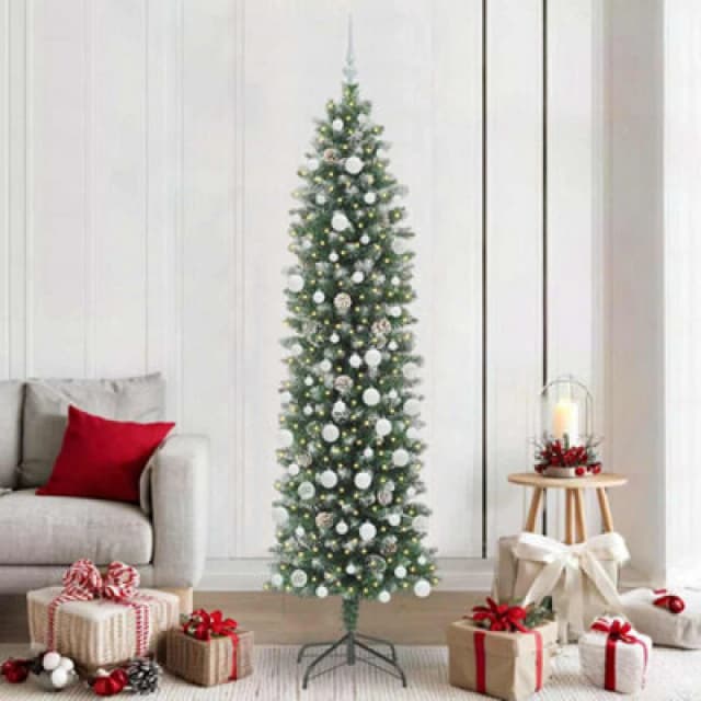 vidaXL Artificial Slim Christmas Tree with White Balls Green and white 210 cm, Green 3395308
