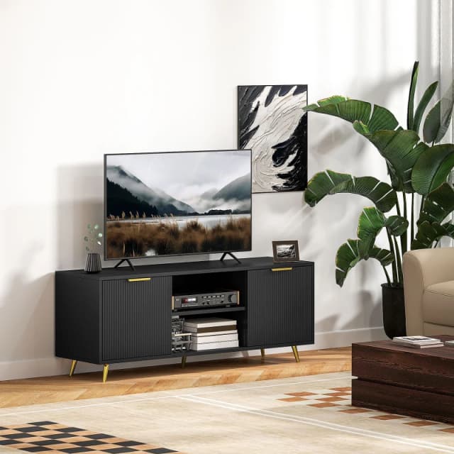 HOMCOM Modern TV Stand Cabinet with Storage for Living Room, Black Black