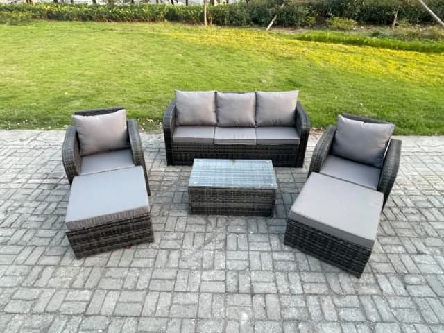 Fimous Wicker PE Rattan Garden Furniture Set 7 Seater Outdoor Lounge Sofa Set with Coffee Table 2 Big Footstool Dark Grey Mixed Dark Grey