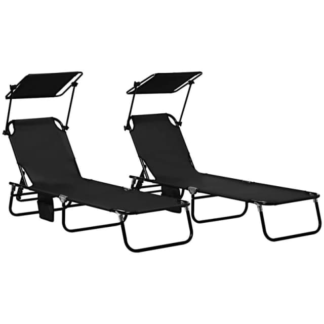 Outsunny 2 Piece Folding Sun Loungers w/ Adjustable Backrest, Sunshade, Black 84G-183V00BK
