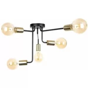 Keter Nixon Multi Arm Semi Flush Ceiling Light Black, Gold, 50cm, 5x E27