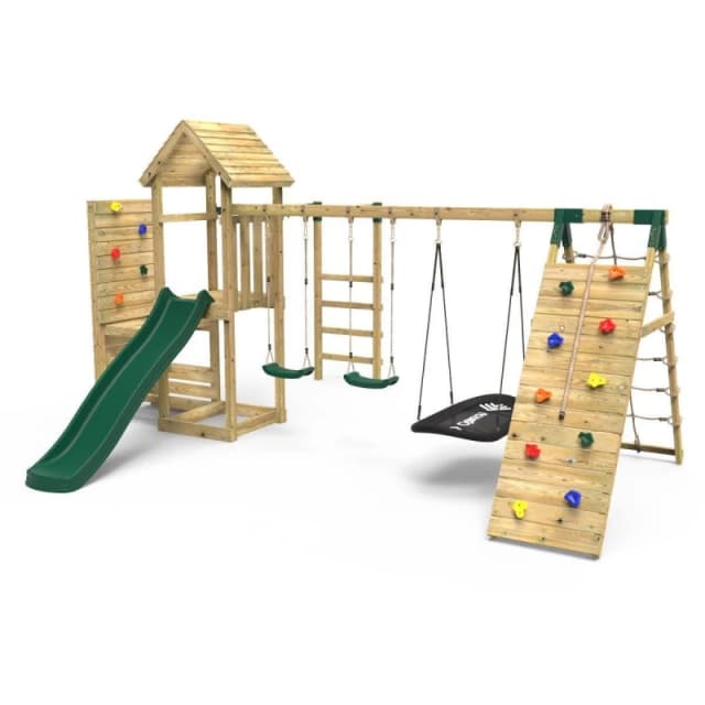 Rebo Wooden Climbing Frame with Swings, Monkey Bars, Climbing Walls and Slide - Pyrennes Green Green