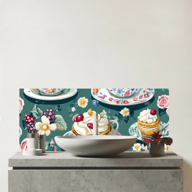 Warren Reed - Designer Vintage Tea Party Glass Bathroom Splashback Multicolor Unisex