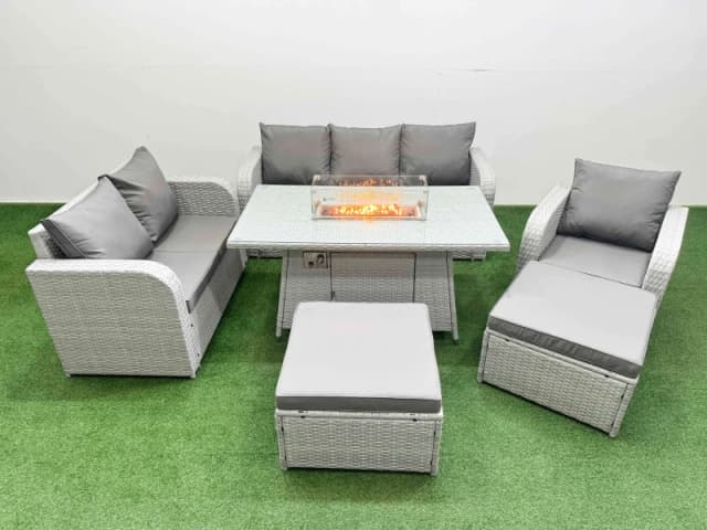 Fimous Patio PE Wicker 8 Seater Outdoor Rattan Furniture Sofa Sets with Firepit Dining Table Reclining Chair Loveseat Sofa 3 Seater Sofa 2 Big Footsto