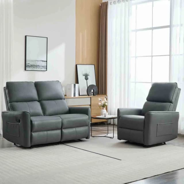 More4Homes Madrid 1+2 Seater Manual Air Leather Recliner Sofa Set Grey