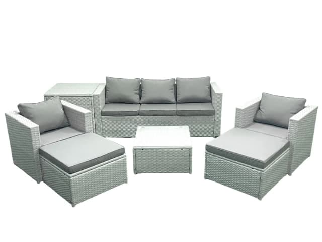 Fimous 7 Seater Rattan Garden Furniture Set with 3 Seater Sofa 2 Chair Square Coffee Table 2 Big Footstools Side Table Light Grey Mixed Light Grey