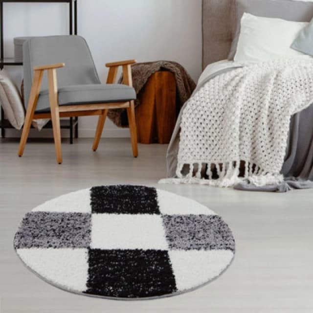 THE RUGS Fluffy & Soft Shaggy Rugs Living Room Rug in Grey - Elegant Geometric Design Carpets For Bedrooms & Kitchen 381 Size: 120cm diameter Gre