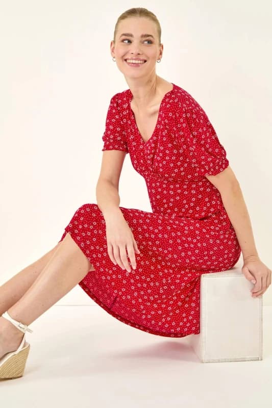 Roman Womens Spot Print Gathered Stretch Dress in Red Size: 20 Red Female 20