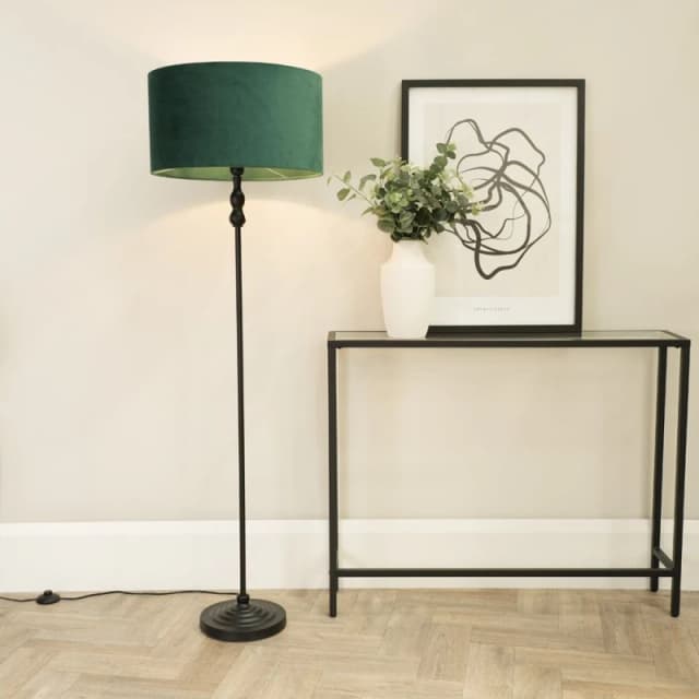 ValueLights Maggie Black Metal Candlestick Floor Lamp with Velvet Lamp Shade Bottle Green