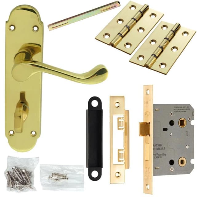 Loops Door Handle & Bathroom Lock Pack Brass Victorian Upturn Thumb Turn Backplate Metallics