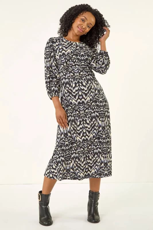 Roman Womens Petite Abstract Stretch Midi Dress in Black Size: 16 Black Female 16