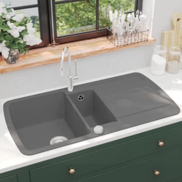 Vidaxl Granite Kitchen Sink Double Basin Grey Kitchen Sinks