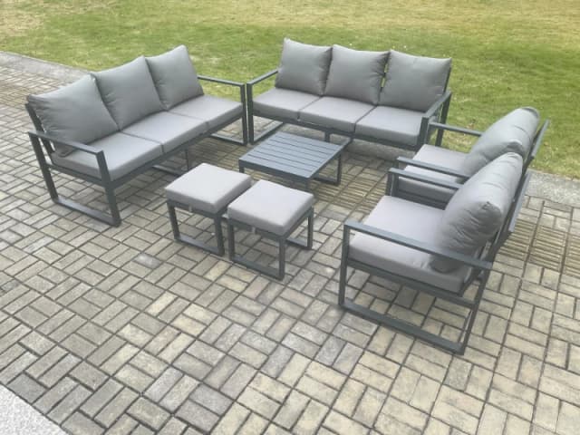 Fimous Aluminium Patio Outdoor Garden Furniture Lounge Sofa Set with Square Coffee Table 2 Chairs 2 Small Footstool Dark Grey Dark Grey Unisex