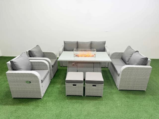 Fimous PE Rattan Garden Furniture Set Reclining Chair Sofa Double Love Seat 2 Seater Sofa Lounge Set Firepit Dining Table 2 Stools Light Grey Light Gr