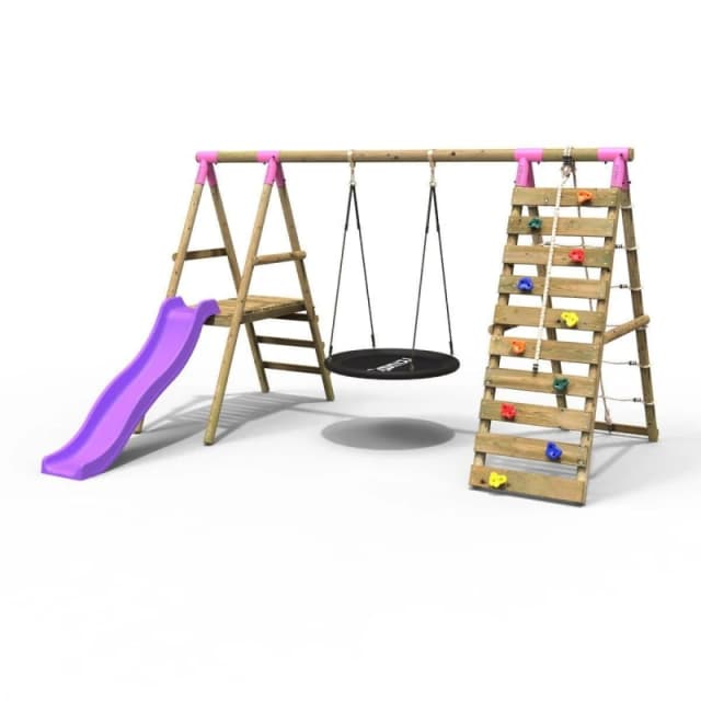 Rebo Wooden Swing Set with Nest Swing, Slide and Climbing Wall - Pyrite Pink Pink