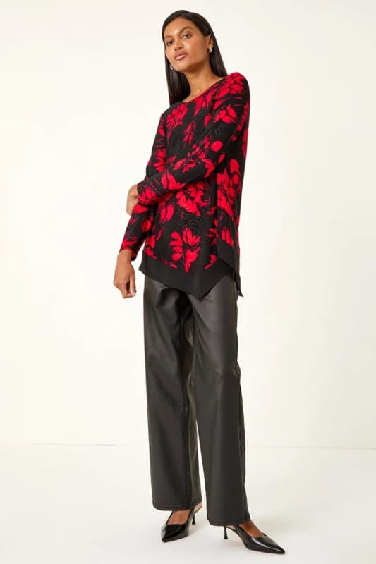 Roman Womens Floral Jacquard Chiffon Hem Top in Red Size: 14 Red Female 14