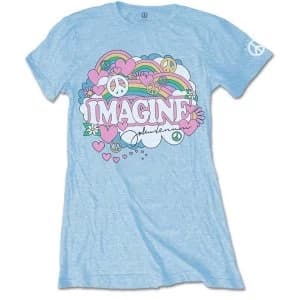 John Lennon - Rainbows, Love & Peace Womens Large T-Shirt - Light Blue