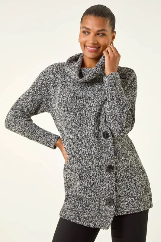 Roman Womens Roll Neck Button Detail Longline Jumper in Black Size: 20 Black Female 20