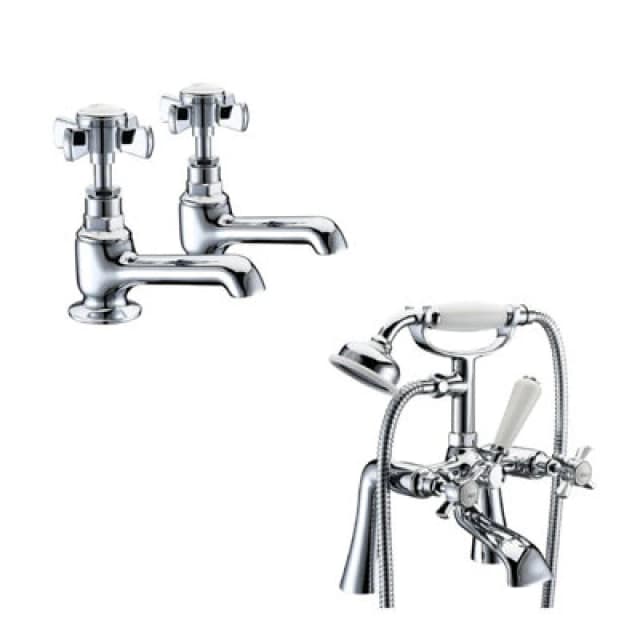 Balterley Crosshead Basin Pillar Taps & Bath Shower Mixer Tap with Kit Chrome in Silver Silver Unisex
