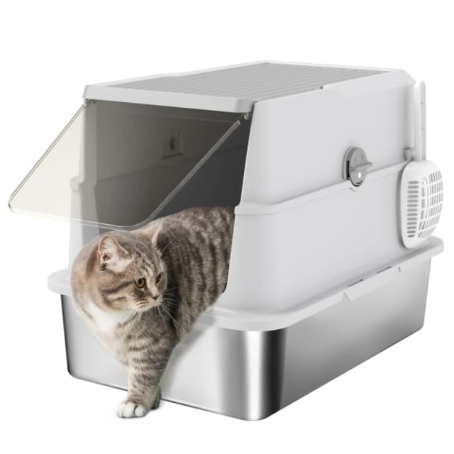 PawHut Extra Large Stainless Steel Cat Litter Tray with Scoop, Flip Top D31-141V02LG