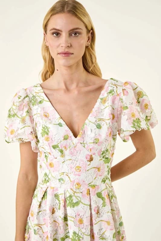 Roman Womens Floral Crochet Lace Midi Dress in Ivory Size: 16 Ivory Female 16