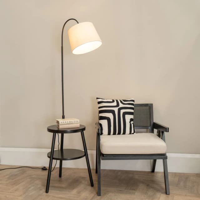 ValueLights Crowther Wooden Side Table Shelved Tripod Floor Lamp with Fabric Shade & Bulb Black