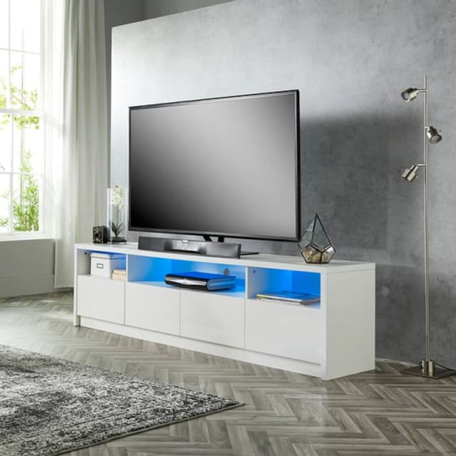 MMT Funiture Designs Modern White 200Cm Matt Gloss TV Stand Cabinet Suitable For 55 65 70 75 80" 4K LED Flat Screen Tv's