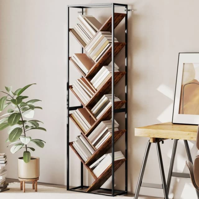 HOMCOM 10 Tier Tree Bookshelf Industrial Tall Bookcase Rustic Brown Black Brown Unisex