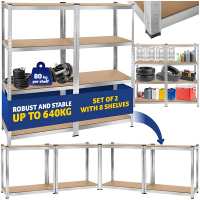 Tectake Garage Shelving - Heavy-Duty Galvanised Steel Frame, Height-Adjustable Shelves - 160 X 40 X 160 Cm - 640 Kg - Silver