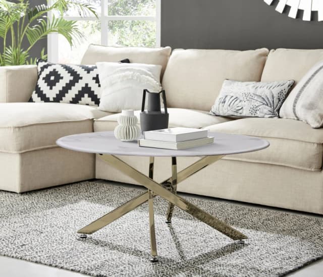 FurnitureboxUK FurnitureboxUK Novara Round Marble Effect Glass Top Coffee Table With Gold Metal Starburst Legs in White White One Size Unisex 50565426