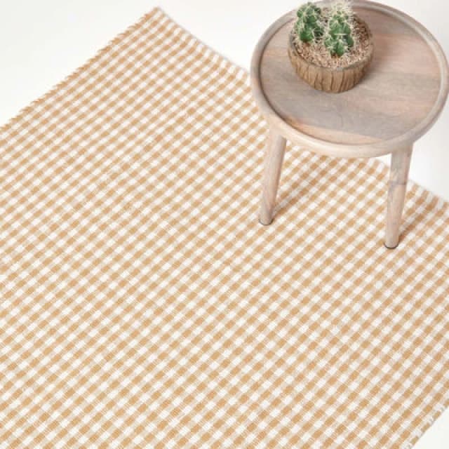 Homescapes Cotton Gingham Check Rug Hand Woven Beige White, 70 X 120 Cm