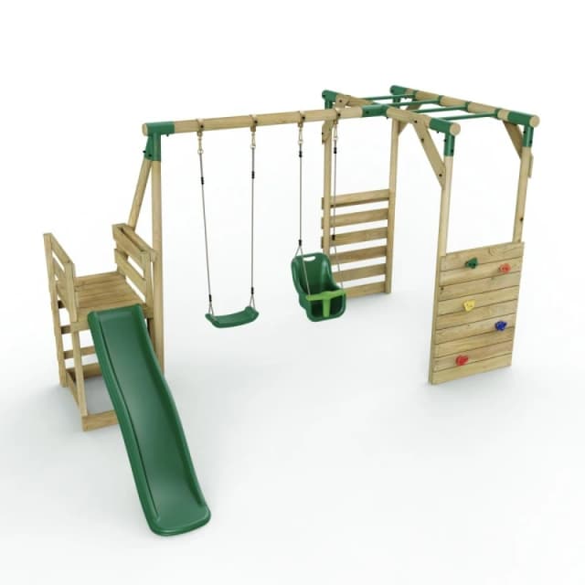 Rebo Wooden Double Swing Set with Baby Seat, Monkey Bars and Slide - Luna Green Green