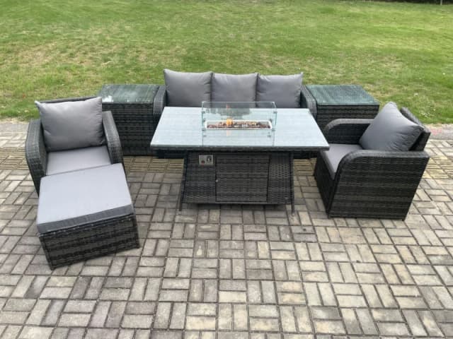 Fimous Wicker Rattan Garden Furniture Sofa Set Gas Fire Pit Dining Table Indoor Outdoor with 2 Side Tables Chair Footstool Dark Grey