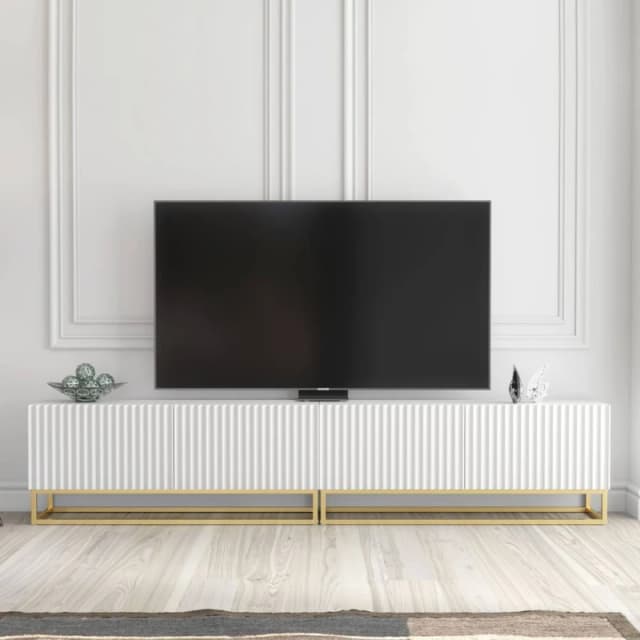 Creative Furniture Ripple Duo TV Unit 200cm - Modern Fluted Design with Push to Open Doors in White White Unisex